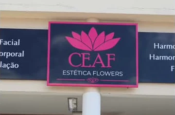 O letreiro novo, azul-marinho com borda rosa: a lótus, CEAF e, embaixo, Estética Flowers.